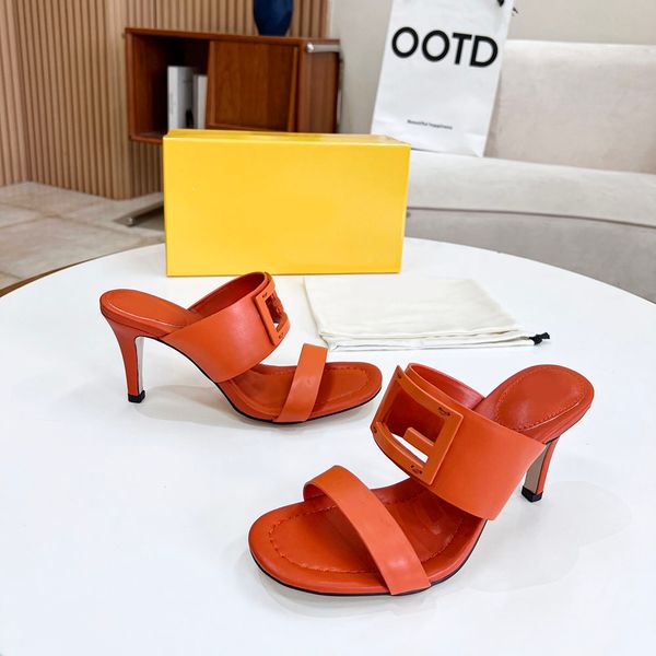 

signature leather sandals leather slippersthick heel metal decoration designer shoes for women high heels factory shoes with box, Black