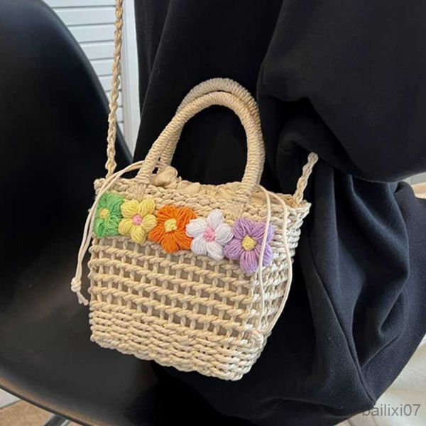 

other bags straw basket small purse handbag summer women's plush flowers shoulder crossbody bag beach bag woven shopper tote, Black;red
