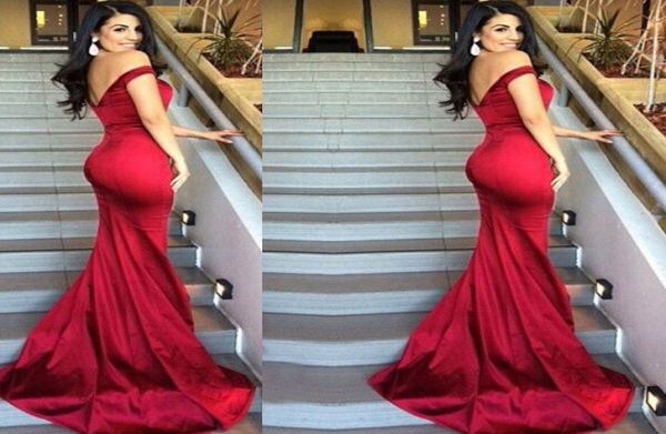 

simple wine red new arrival evening mermaid dresses off the shoulder shiny fabric hollow v back party prom gowns9829062, Black;red