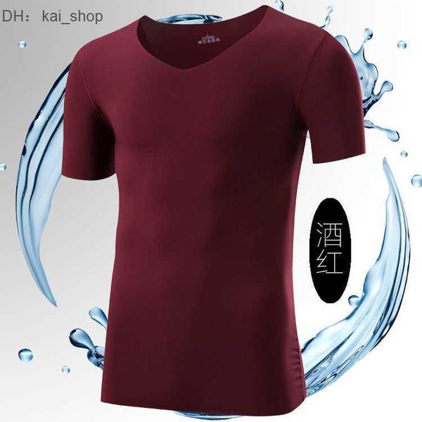 

summer ice silk traceless short sleeve solid elastic v-neck thin slim fit half bottom shirt 51, White;black