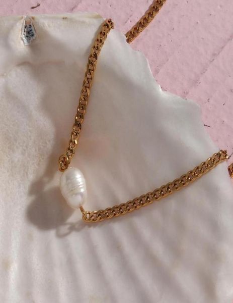 

chains 2021 minimalist natural freshwater pearl pendant cuban link chain choker necklace stainless steel gold6242330, Silver