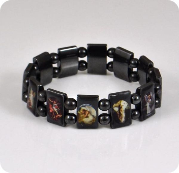 

6pc angel hematite rosary beads bracelet images with glue fashion religious jewelry9884899, Black
