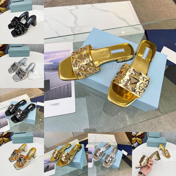 

designer slippers studded metallic leather mules slipper women high heel sandal fashion flat slide beach sandal gold silver flip flops, Black
