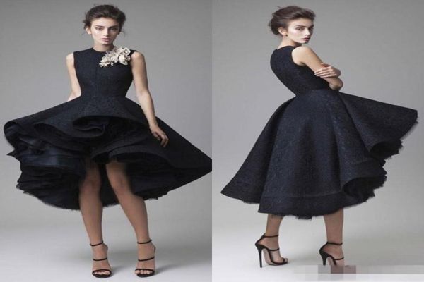 

krikor jabotian 3d lace floral arabic dubai jewel neck dark navy evening dress knee length party gown sleeveless formal homecoming1317884, Black;red