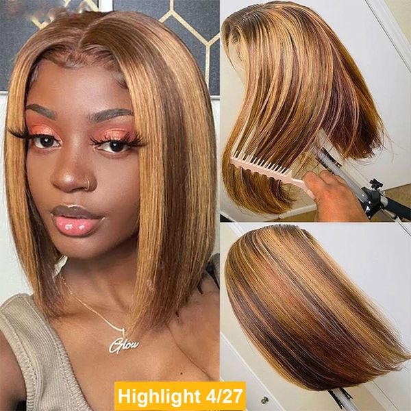 

short bone straight bob wig hd transparent lace wig orange ginger lace front human hair wigs for women highlight wig human hair short hair w, Black;brown