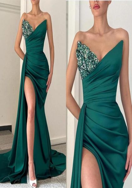 

hunter green mermaid prom dresses for women black girls sweetheart beaded crystals high side split floor length formal evening pag6260716