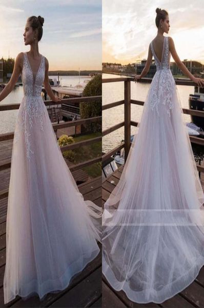 

light pink princess beach a line wedding dress sleeveless v neck appliqued bride dress tulle boho wedding gowns4819773, White
