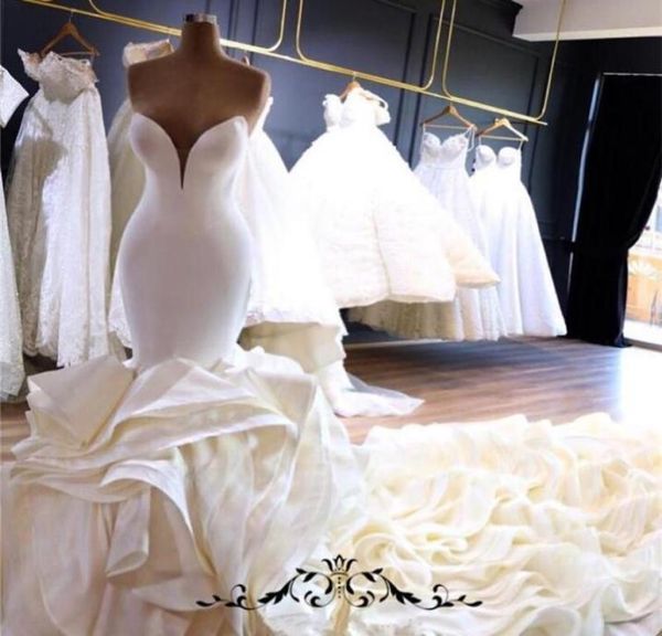 

2020 deep v neck mermaid wedding dresses with chapel train custom made organza ruffles bridal gowns with zipper back8863542, White