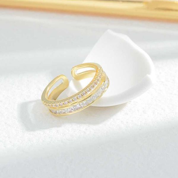 

band rings fashion double-deck geometry rings gold color opening white zircon ring for woman elegant wedding banquet jewelry aa230529, Silver