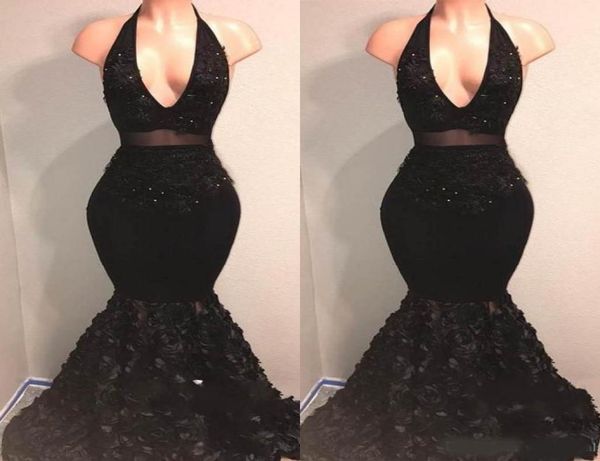 

two pieces black halter deep vneck prom dresses 2019 sleeveless mermaid ruffles backless formal party evening dresses gowns4714345