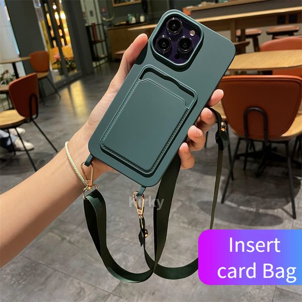 

luxuly noble green insert card bag soft phone case for iphone 11 13 12 14 pro max xs xr 8 7 plus se crossbody lanyard rope cover
