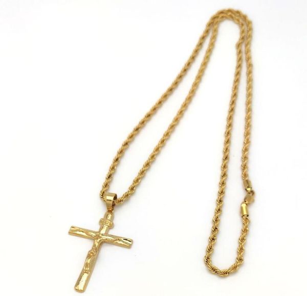 

jesus crucifix cross pendant fine yellow 4mm italian rope hip hop chain necklace 31inch 22k solid gold 18ct thai baht gf5854463, Silver