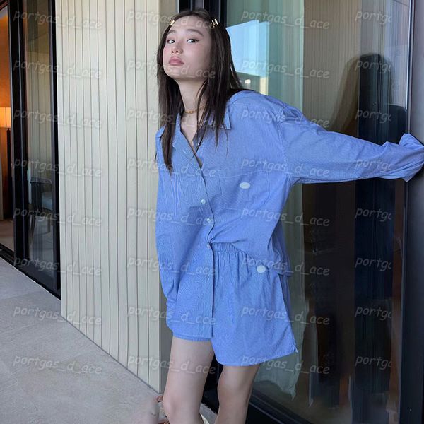 

luxury women t shirts shorts set blue striped blouse shorts outfit ins summer casual long sleeve set, Black