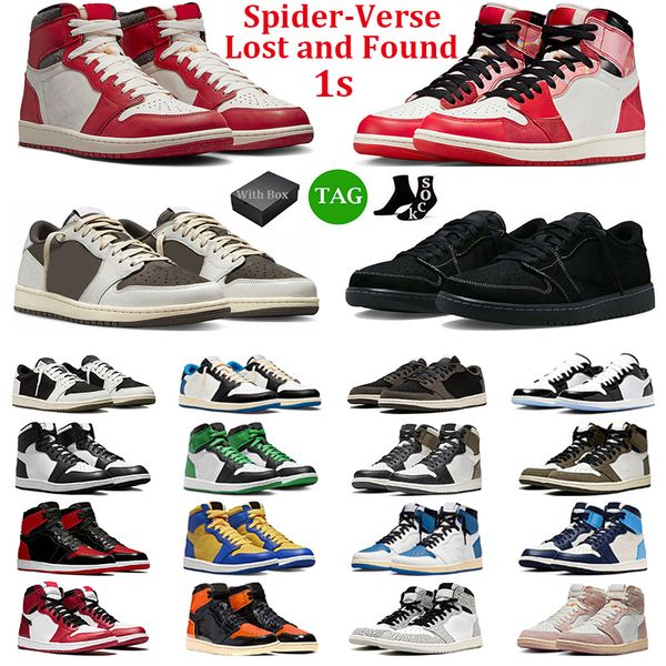 

box with spider-verse 1s basketball shoes men women 1 low olive black phantom reverse mocha lost found lucky green bred patent mens trainer