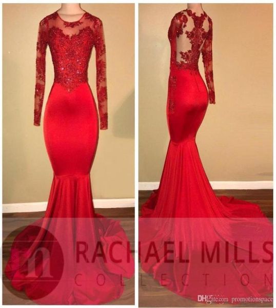 

african red long sleeve mermaid prom dresses bead crystal lace appliqued elastic satin sweep train women formal party gown6057721