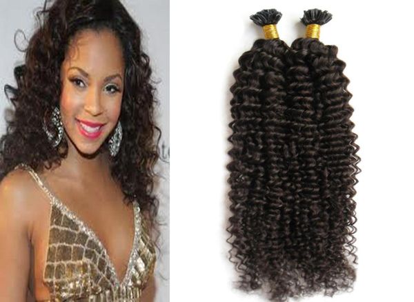 

natural color brazilian kinky curly hair keratin stick tip hair extensions 100s pre bonded curly keratin bond hair extensions 100g3688786, Black