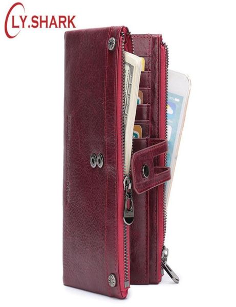 

lyshark red wallet female wallet women genuine leather women wallet long big green purse two zippers coin purse women clutch y1905767638, Red;black