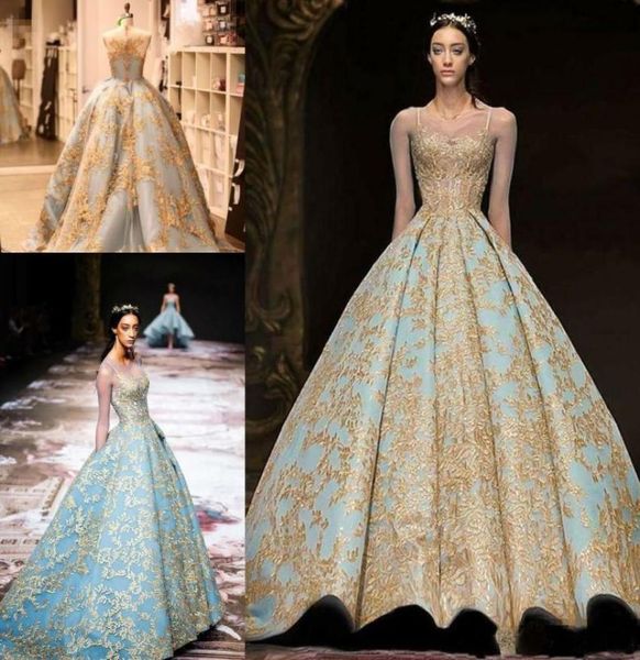 

michael cinco 2019 ball gown prom dresses vintage gold lace sweep train evening gowns plus size illusion long sleeve arabic party 5193512, Black