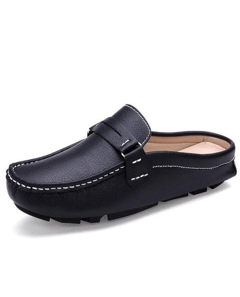 

slippers 2021 brand men shoes summer casual flat man soft leather slipon half comfortable driving loafers8189318, Black