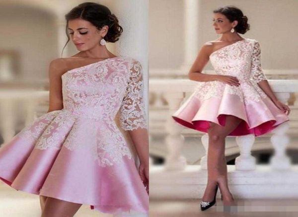 

baby pink oneshoulder homecoming dresses lace half sleeve satin ruched short party dresses custom made dubai style formal prom dr5751716, Blue;pink