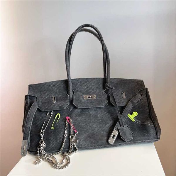 

custom canvas tote bags h ermes handbags 2023 spoof pin buckle washing old denim canvas bu bag chain strap portable messenger bag female