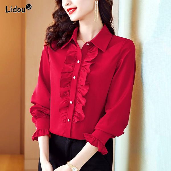 

shirts fungus lace blended single breasted thin premium women shirt solid office lady turndown collar spring summer women's clothing, White