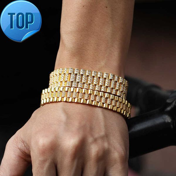 

hip hop jewelry men's micro inlaid three rows of zircon steel belt exquisite watch chain jewelry, Golden;silver