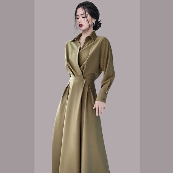 

design sense french niche dress women's long sleeved autumn 2022 new style temperament slim long skirt unique mid length skirt, Black;pink