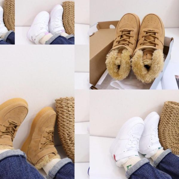 

kids wheat warm mid aforce 1 one usa winter sneakers little kids sport shoes boy high pure white red with fur lucky green snea8939630, Black