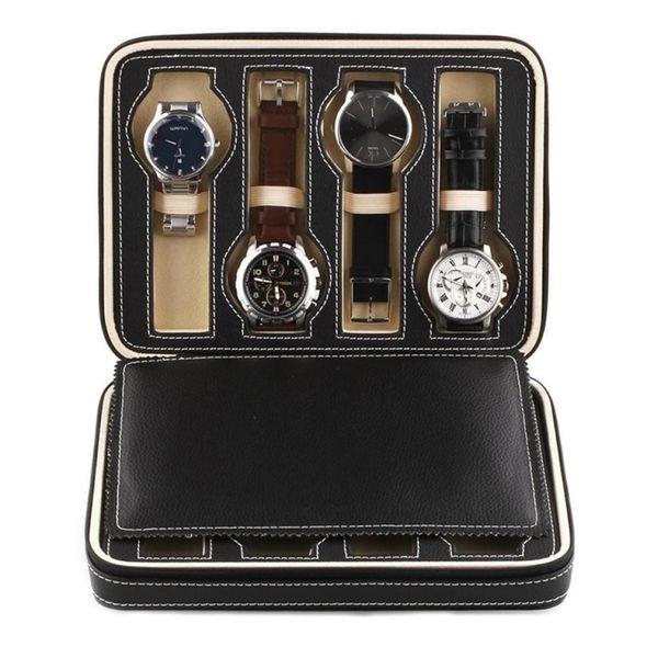

black faux leather watch display storage box watched case 248 grids tray zippered travel watch collector case 2205096535649, Black;blue