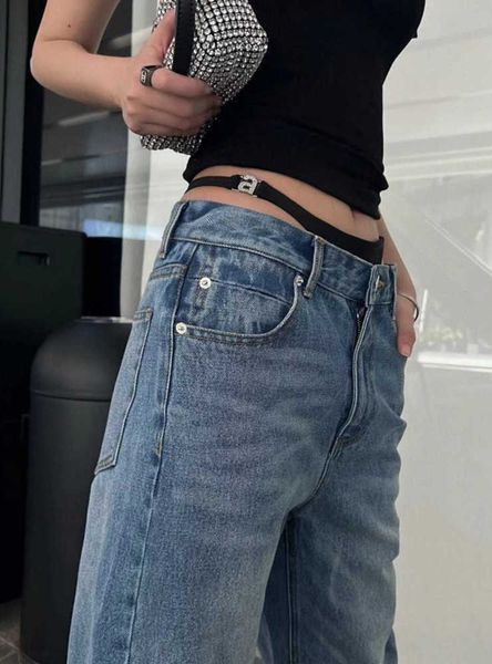 

designer aw wonmen early spring new bikini element wash jeans black waistband classic wang diamond versatile show leg length2023, Blue