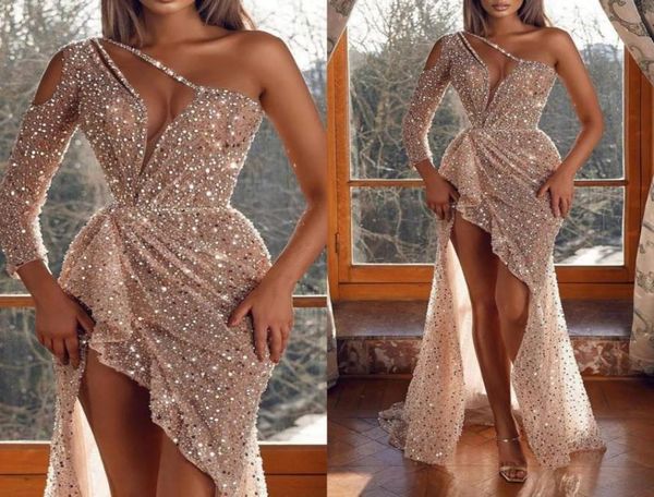

champagne mermaid trumpet evening dresses sparkle shine prom party gowns hollow out one shoulder long sleeve sequined robe de8903236, Black;red