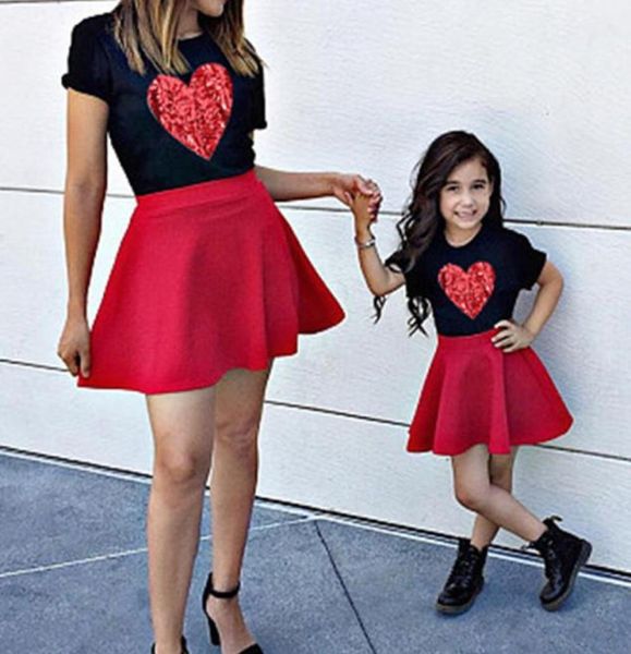 

mom and daughter dresses summer short sleeve heart print tshirt skirt set mommy and me family matching clothes girl skirts9232135, Blue