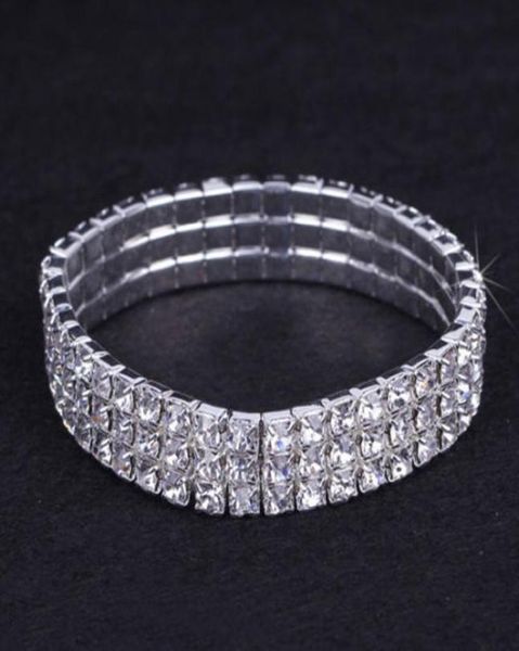 

12 pieces lot 3 row bridal wedding jewelry elastic crystal rhinestone stretch gold bangle bracelet whole wedding accessories f1675829, Golden;silver