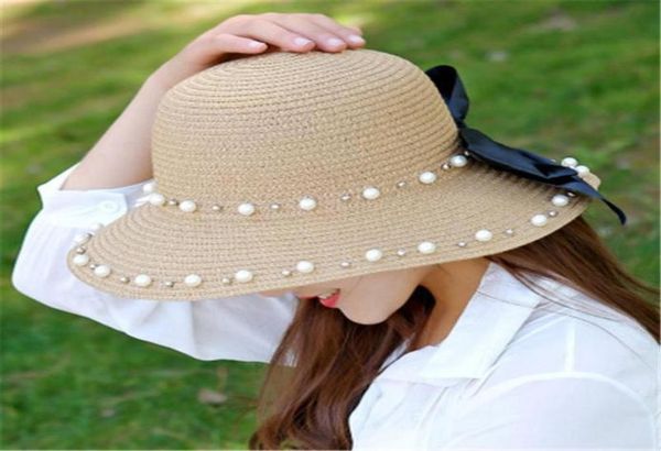 

fashion pearl bow straw hats holiday beach hat womens wide brim hats sun hat tide fisherman hats 3 colors48754347280462, Blue;gray