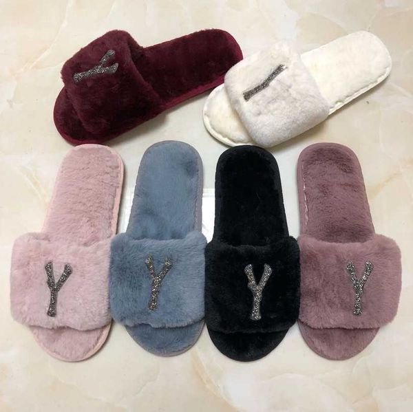 

luxurys rhinestone logo fur slippers women slip on mule furry soft fluffy plush slides ys platform flats heels luxury designer saint shoes c, Black