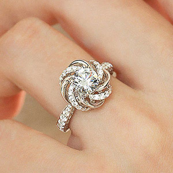 

band rings huitan temperament elegant women's ring flower design engagement wedding bands accessories with brilliant cz trendy jewelry, Silver