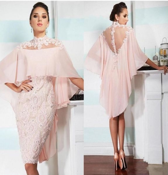 

2019 high neck sheath knee length cocktail dresses with cape lace applique beaded backless short homecoming prom gowns4266538, Black