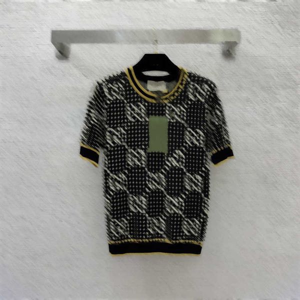 

designer knit tees short sleeve sweater letter logo print classic cotton fabric plaid print gold thread stretch jersey knited women clothin, White;black