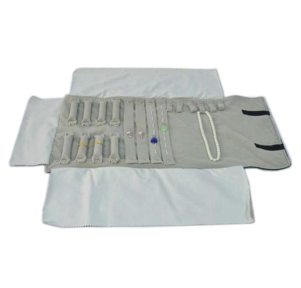 

grey velvet jewelry display set earrings ring pendant necklace bracelet chain storage organizer travel roll bag246l7466478, Pink;blue