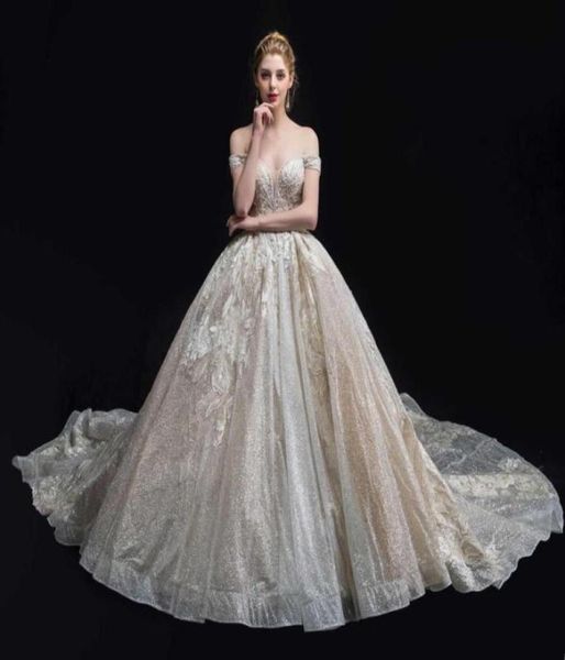 

2018 genuine new arrival bridal gowns off the shoulder sweet heart appliques embellishment beaded sparkling aline wedding dresses74873875, White