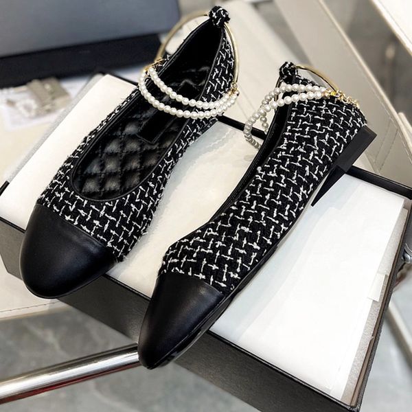 

designer womens dress shoes tweed with chain pearl ballet shoes low heels loafers slip on sandals classic lake blue slippers outdoor casual, Black