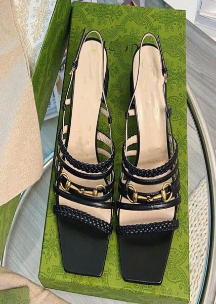 

high heeled sandals women039s head woven single shoes summer leather fashion one line with thick heel open toe horse buckle3722674, Black
