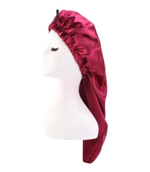 

solid polyester elastic women satin extra long bonnet sleeping cap with button folding satin elastic buckle long barrel cap2785968, Blue;gray