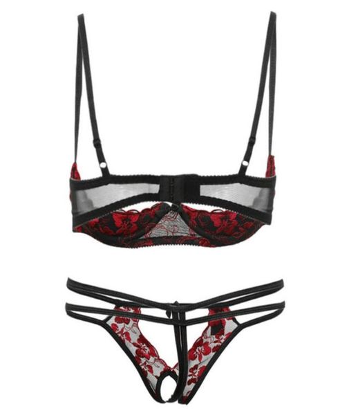 

underwear floral transparent thin cup open bra brief set ladies temptation eylash lace beading lingerie sets s7039276996, Red;black