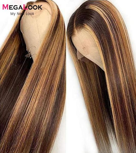 

highlight wig ombre brown colored human hair 13x4 lace front wig pre plucked straight blonde glueless 427 highlight70078891417477, Black