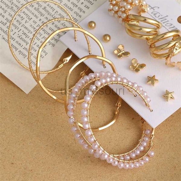 

stud boho big circle hoop earring set for women gold color bohemia vintage pearl square earring heart zircon ear studs jewelry j230529, Golden;silver