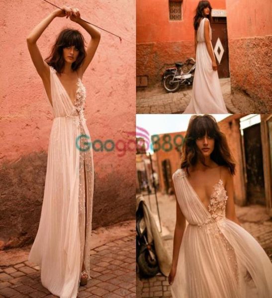 

liz martinez boho split wedding dresses 2019 vneck seethrough chiffon flower pearls aline beach wedding vestido de noiva p6105478707, White
