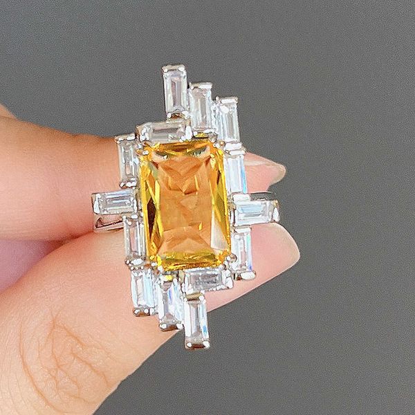 

band rings huitan geometric yellow cubic zirconia women's rings fashion luxury female finger-ring for party anniversary gift new jewelr, Silver