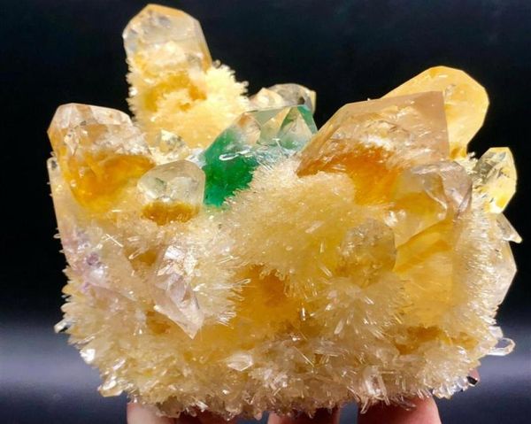 

new find yellow blue phantomquartz crystal cluster mineralspecime306g7193942, Black